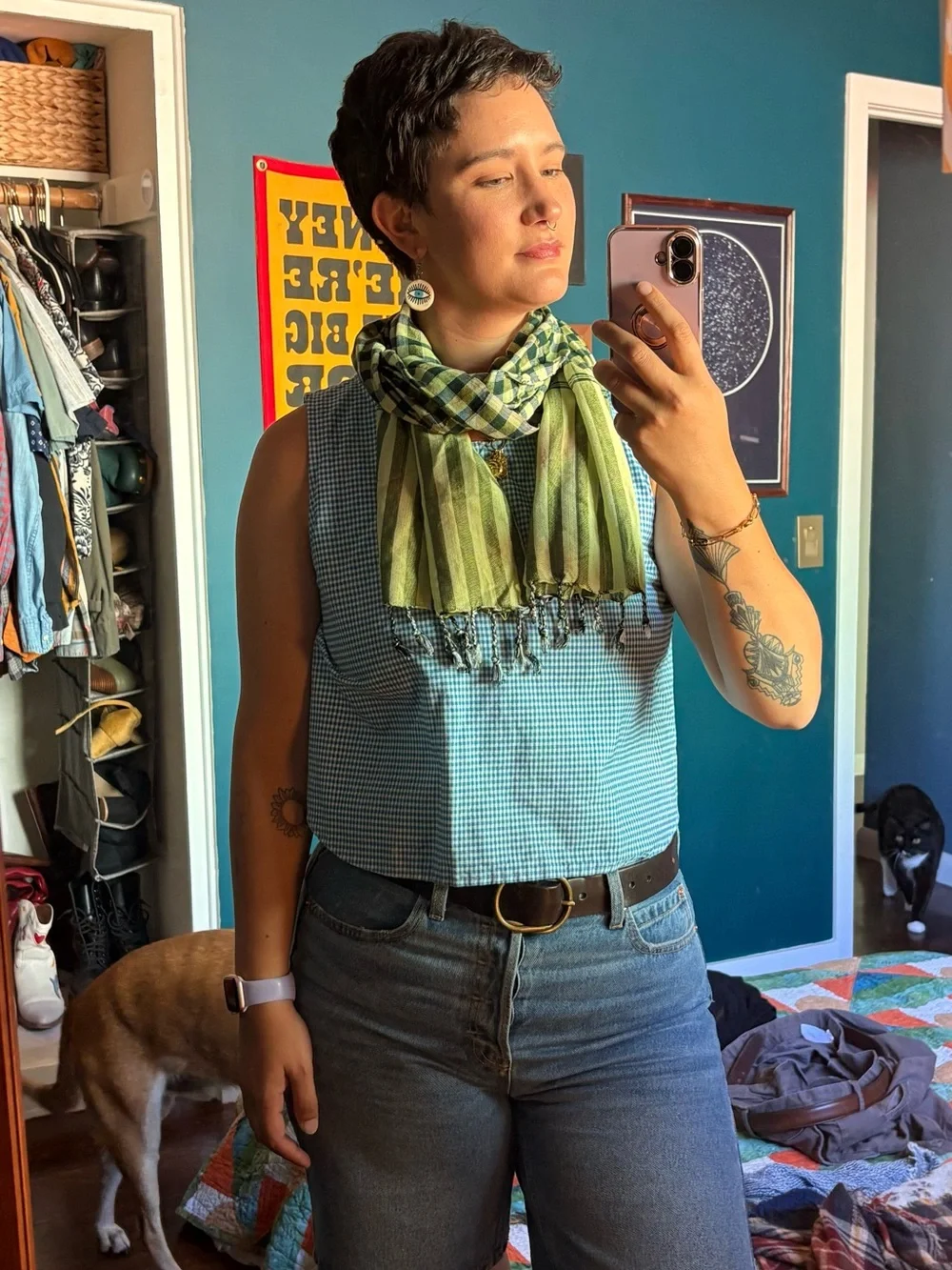 Green Plaid & Stripe Lightweight Scarf - Unbranded